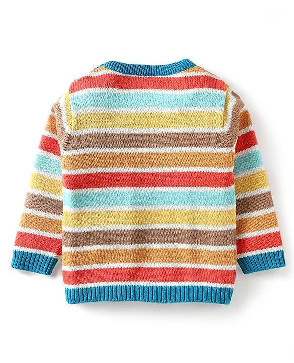 Babyhug Organic Cotton Knitted Full Sleeves Striped Sweater Set with Cap Star Design - Red