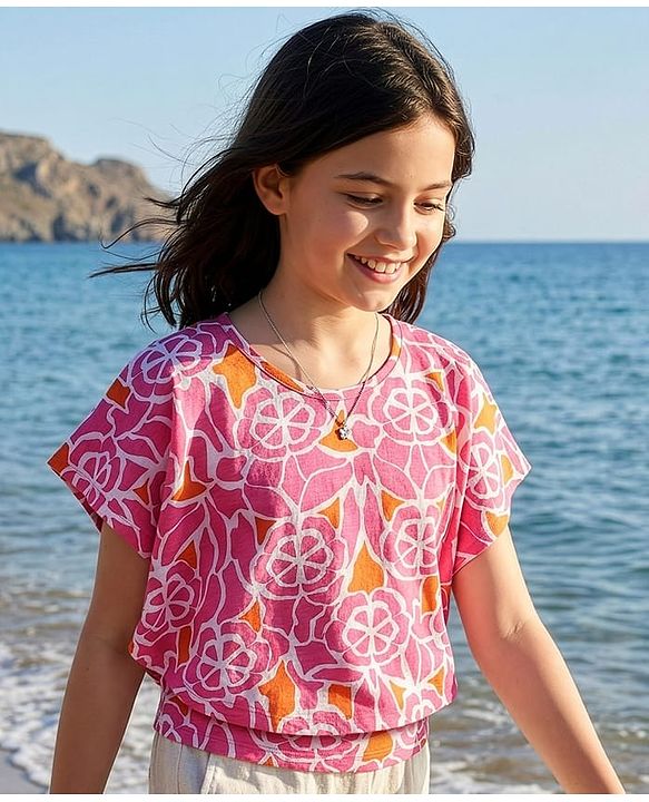 Pine Kids Cotton Knit half Sleeves Top with Floral Print - Pink