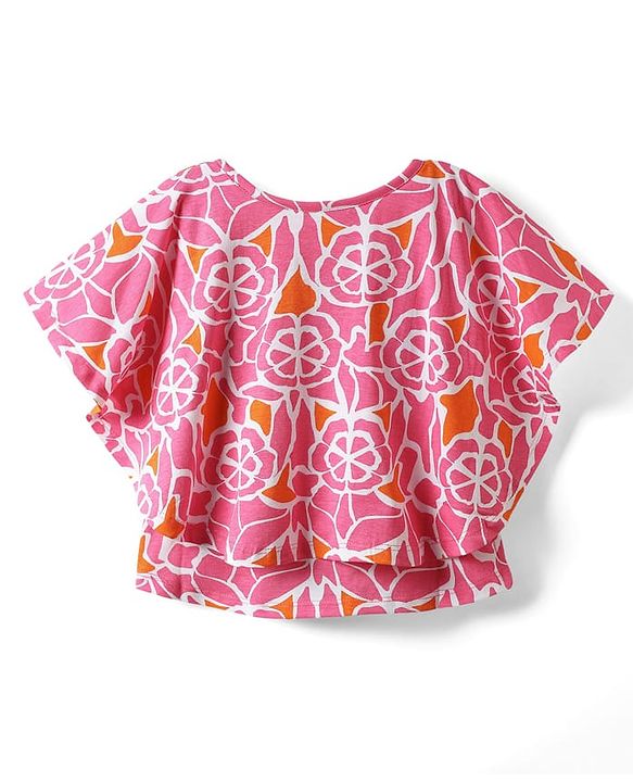Pine Kids Cotton Knit half Sleeves Top with Floral Print - Pink