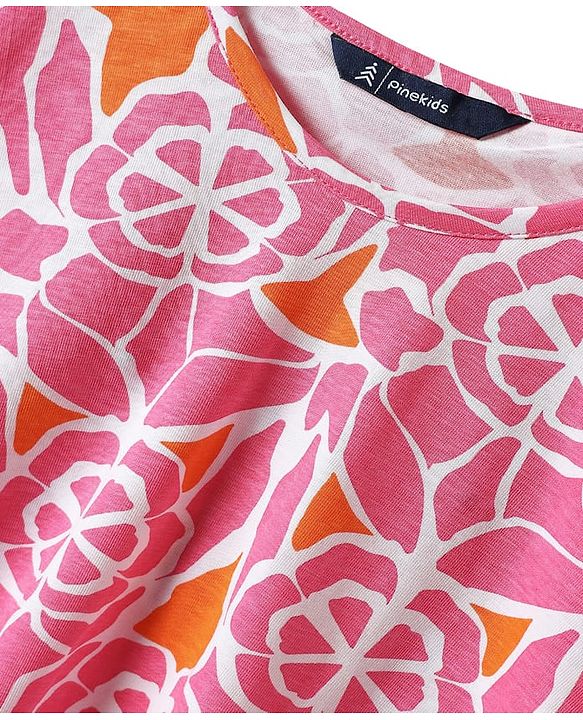 Pine Kids Cotton Knit half Sleeves Top with Floral Print - Pink