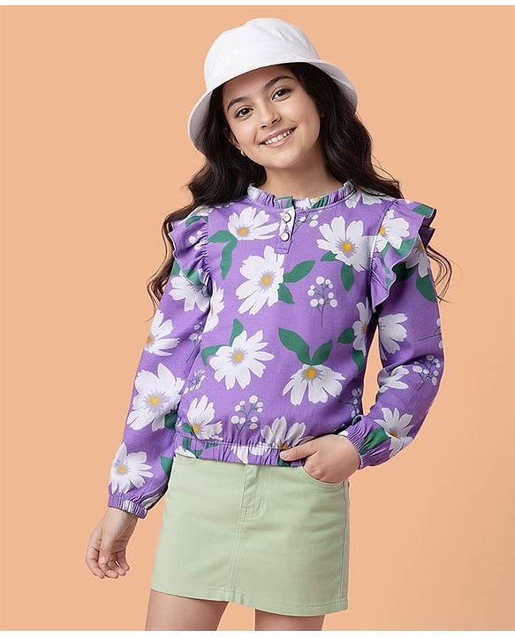 Pine Kids Cotton Knit Full Sleeves Top With Frill Detailing & Floral Print - Lilac