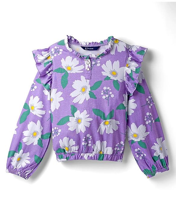 Pine Kids Cotton Knit Full Sleeves Top With Frill Detailing & Floral Print - Lilac