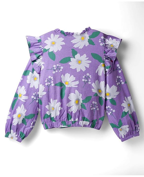 Pine Kids Cotton Knit Full Sleeves Top With Frill Detailing & Floral Print - Lilac