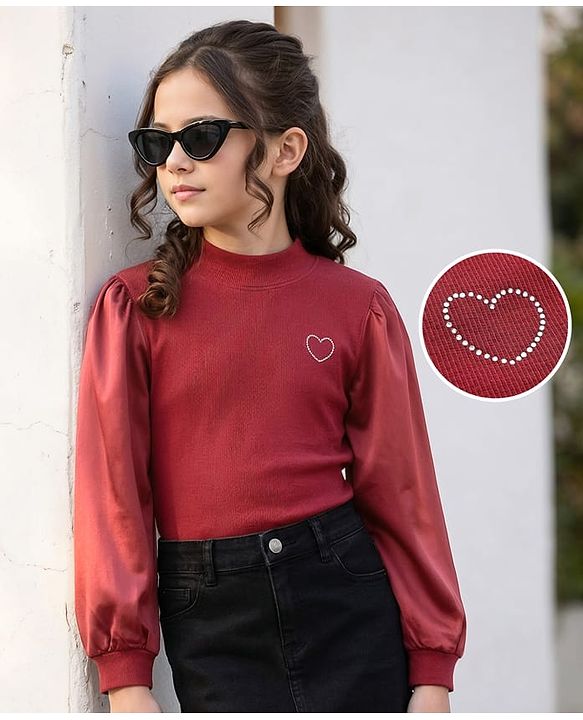 Pine Kids Cotton Knit Full Sleeves Solid Color Top - Dark Red