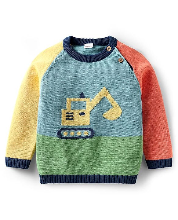 Babyhug Organic Cotton Knitted Full Raglan Sleeves Pullover Sweater Set With Cap & Stripes Design - Multicolour