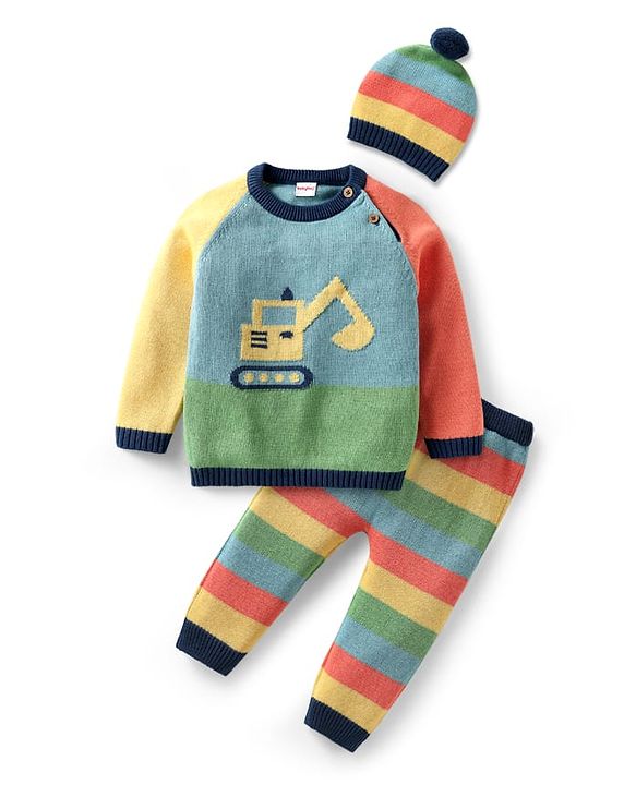 Babyhug Organic Cotton Knitted Full Raglan Sleeves Pullover Sweater Set With Cap & Stripes Design - Multicolour