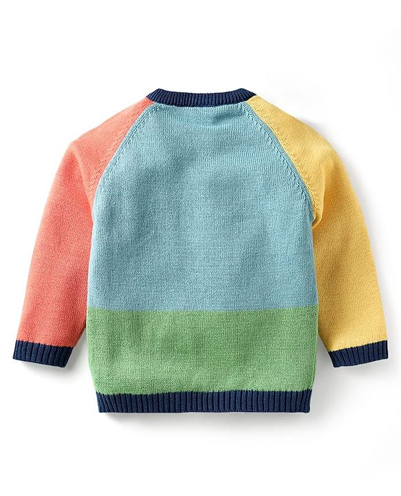 Babyhug Organic Cotton Knitted Full Raglan Sleeves Pullover Sweater Set With Cap & Stripes Design - Multicolour