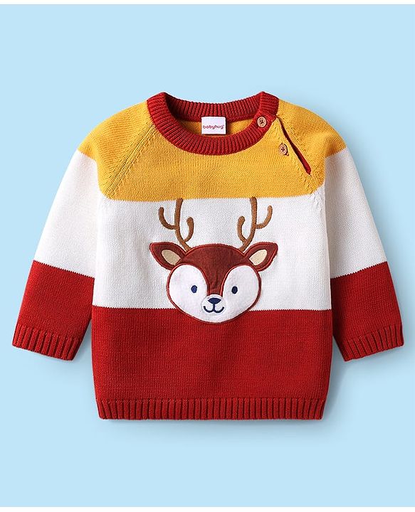 Babyhug Organic Cotton Knitted Full Raglan Sleeves Sweater Set with Cap & Reindeer Design - Red & Yellow