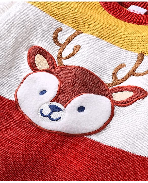 Babyhug Organic Cotton Knitted Full Raglan Sleeves Sweater Set with Cap & Reindeer Design - Red & Yellow
