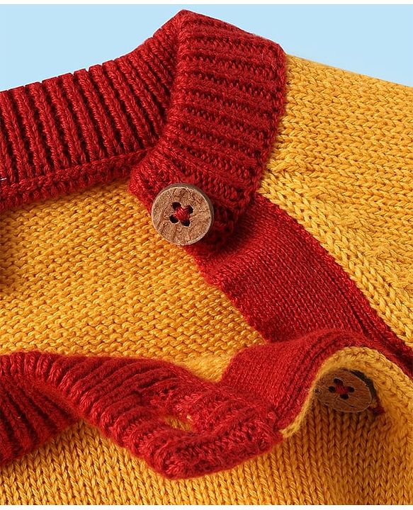 Babyhug Organic Cotton Knitted Full Raglan Sleeves Sweater Set with Cap & Reindeer Design - Red & Yellow