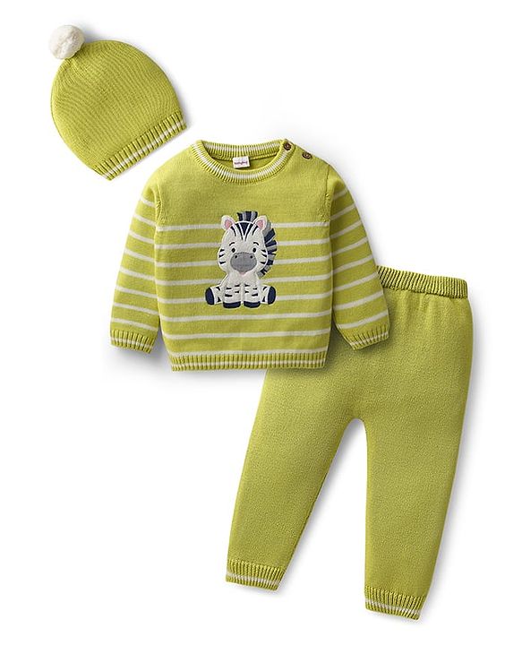 Babyhug Knitted Full Sleeves Striped Pullover Sweater Set with Zebra Embroidery & Cap - Limegreen