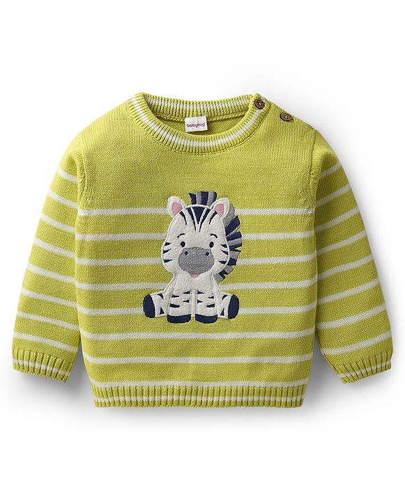 Babyhug Organic Cotton Knitted Full Sleeves Striped Pullover Sweater Set with Zebra Embroidery & Cap - Limegreen