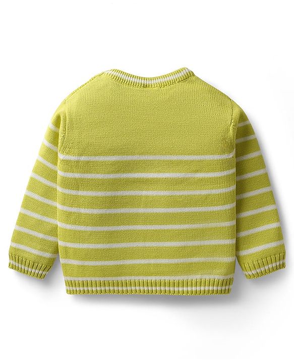 Babyhug Organic Cotton Knitted Full Sleeves Striped Pullover Sweater Set with Zebra Embroidery & Cap - Limegreen
