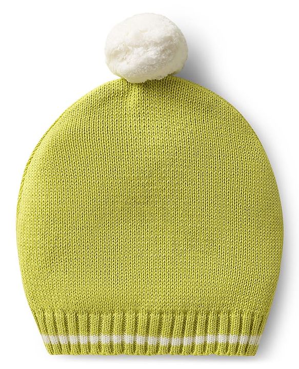 Babyhug Organic Cotton Knitted Full Sleeves Striped Pullover Sweater Set with Zebra Embroidery & Cap - Limegreen
