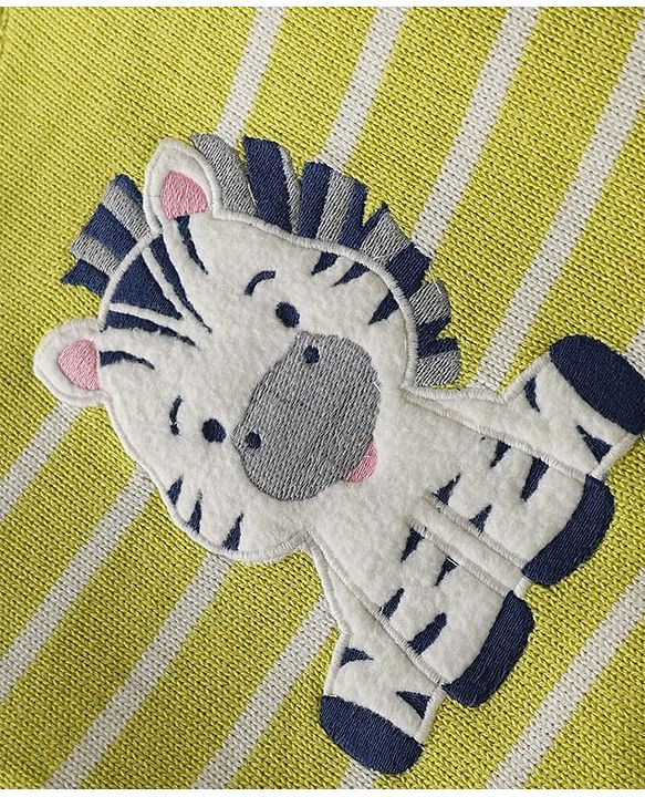 Babyhug Organic Cotton Knitted Full Sleeves Striped Pullover Sweater Set with Zebra Embroidery & Cap - Limegreen