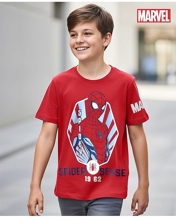 Pine Kids Marvel Single Jersey Knit  Half Sleeves T-Shirts with Spider-Man Graphics - Red