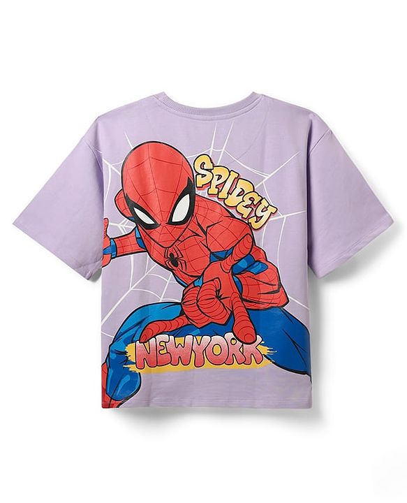 Pine Kids Marvel Terry Knit Half Drop Shoulder Sleeves T-Shirt with Front & Back Spider Man Graphics Graphics - Lavender