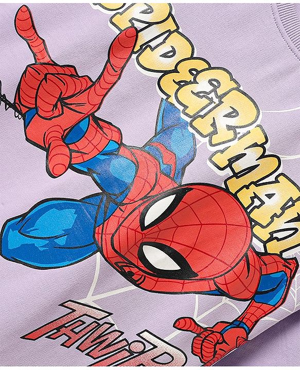 Pine Kids Marvel Terry Knit Half Drop Shoulder Sleeves T-Shirt with Front & Back Spider Man Graphics Graphics - Lavender