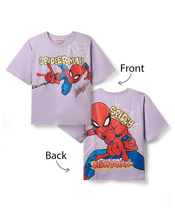 Pine Kids Marvel Terry Knit Half Drop Shoulder Sleeves T-Shirt with Front & Back Spider Man Graphics Graphics - Lavender