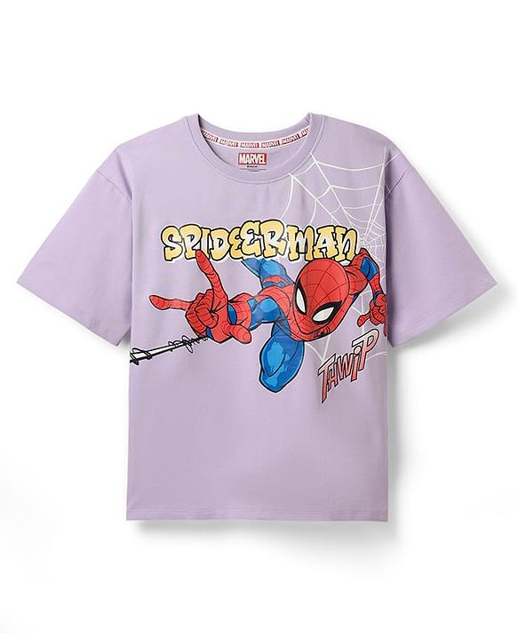 Pine Kids Marvel Terry Knit Half Drop Shoulder Sleeves T-Shirt with Front & Back Spider Man Graphics Graphics - Lavender