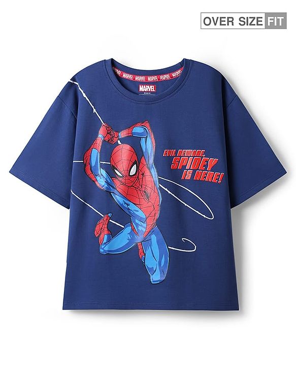 Pine Kids Marvel Terry Knit Half Drop Shoulder Sleeves Oversized T-Shirt with Spider Man Graphics - Navy Blue
