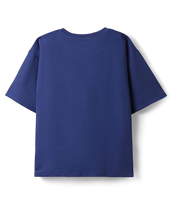 Pine Kids Marvel Terry Knit Half Drop Shoulder Sleeves Oversized T-Shirt with Spider Man Graphics - Navy Blue