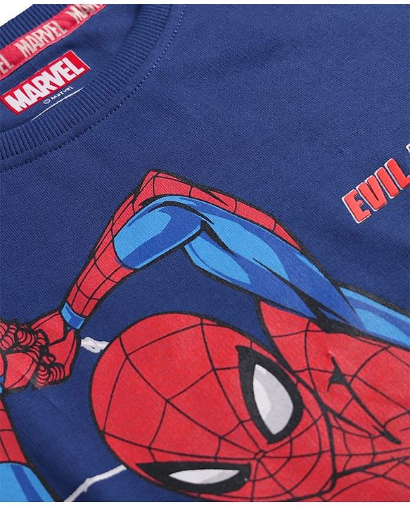 Pine Kids Marvel Terry Knit Half Drop Shoulder Sleeves Oversized T-Shirt with Spider Man Graphics - Navy Blue