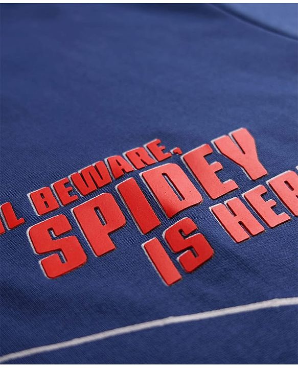 Pine Kids Marvel Terry Knit Half Drop Shoulder Sleeves Oversized T-Shirt with Spider Man Graphics - Navy Blue