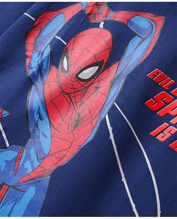 Pine Kids Marvel Terry Knit Half Drop Shoulder Sleeves Oversized T-Shirt with Spider Man Graphics - Navy Blue