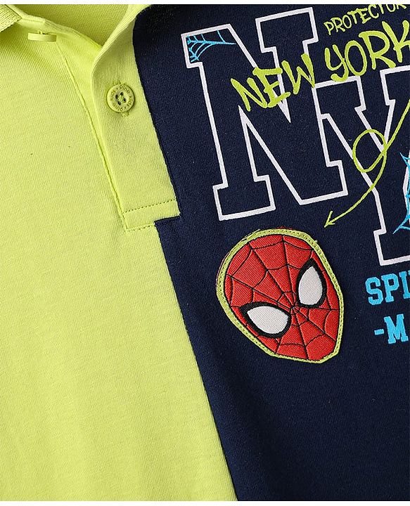 Pine Kids Marvel Terry Knit Half Sleeves Cut & Sew Polo T-Shirt with Spider Man Graphics - Light Green & Black