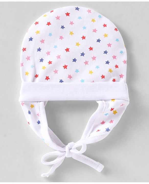 Babyhug 100% Cotton Cap with Star Print White - Diameter 10 cm