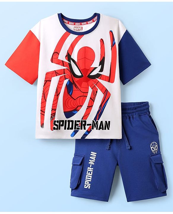 Pine Kids Marvel Single Jersey Knit Half Sleeves Drop Shoulder T-Shirts & Short Set With Spider-Man Graphics -Navy Blue & Red