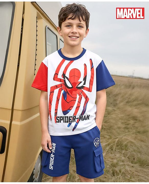 Pine Kids Marvel Single Jersey Knit Half Sleeves Drop Shoulder T-Shirts & Short Set With Spider-Man Graphics -Navy Blue & Red