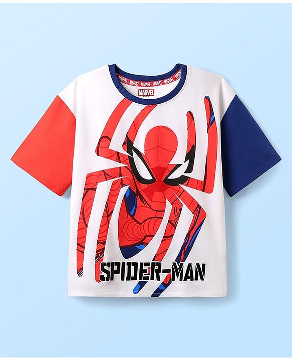 Pine Kids Marvel Single Jersey Knit Half Sleeves Drop Shoulder T-Shirts & Short Set With Spider-Man Graphics -Navy Blue & Red