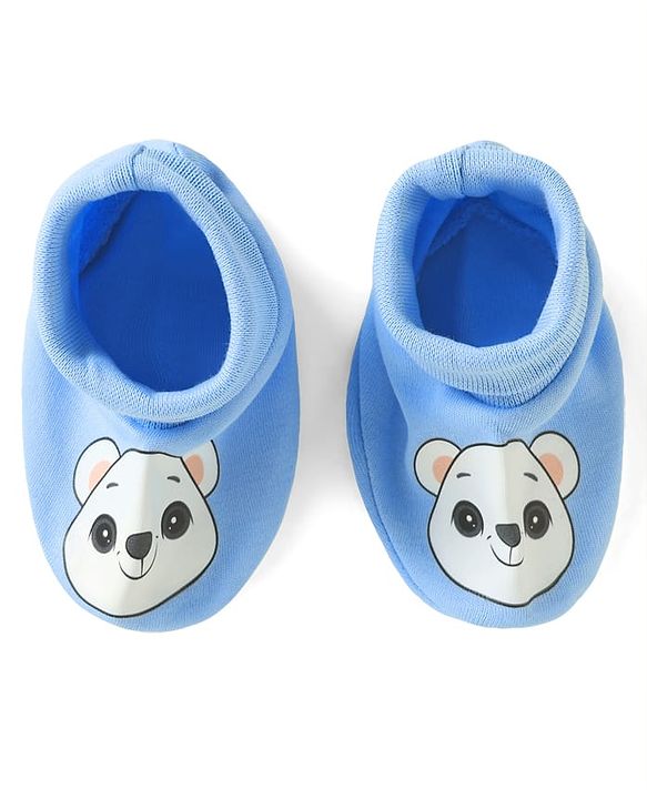 Babyhug 100% Cotton Interlock Knit Mittens & Booties Set with Bear Print - Blue