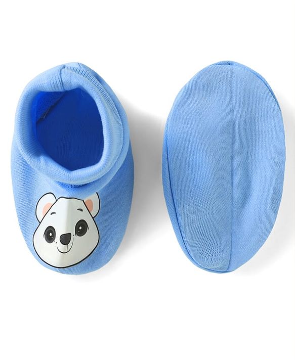 Babyhug 100% Cotton Interlock Knit Mittens & Booties Set with Bear Print - Blue