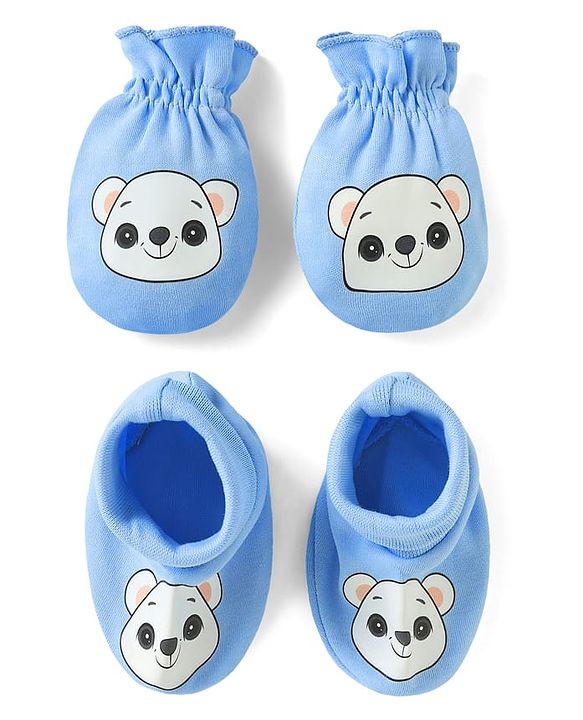 Babyhug 100% Cotton Interlock Knit Mittens & Booties Set with Bear Print - Blue
