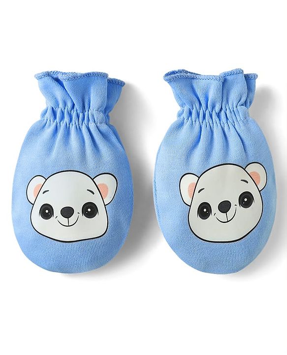 Babyhug 100% Cotton Interlock Knit Mittens & Booties Set with Bear Print - Blue