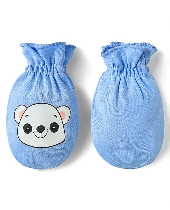 Babyhug 100% Cotton Interlock Knit Mittens & Booties Set with Bear Print - Blue