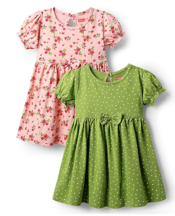 Babyhug Single Jersey Knit Half Sleeves Frocks With Floral Print Pack Of 2 - Green & Pink