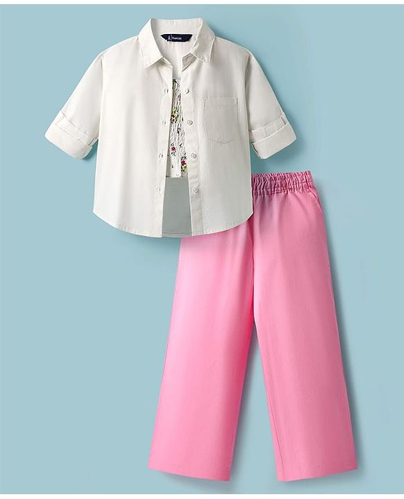 Pine Kids Poplin Woven Solid Color Full Sleeves Shirt & Culottes with Inner Top - White & Pink