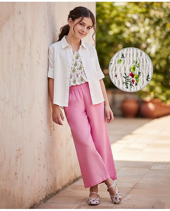 Pine Kids Poplin Woven Solid Color Full Sleeves Shirt & Culottes with Inner Top - White & Pink