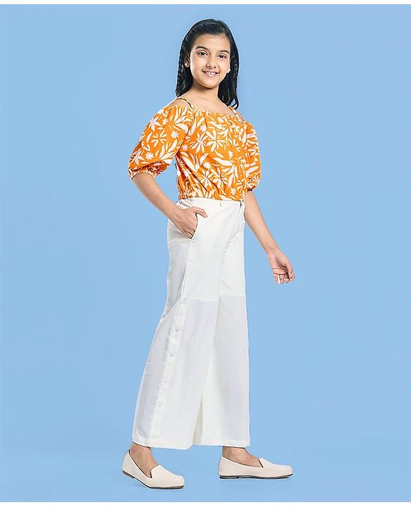 Pine Kids Cotton Woven Half Off Shoulder Sleeves Top & Palazzo Set with Floral Print - White & Orange