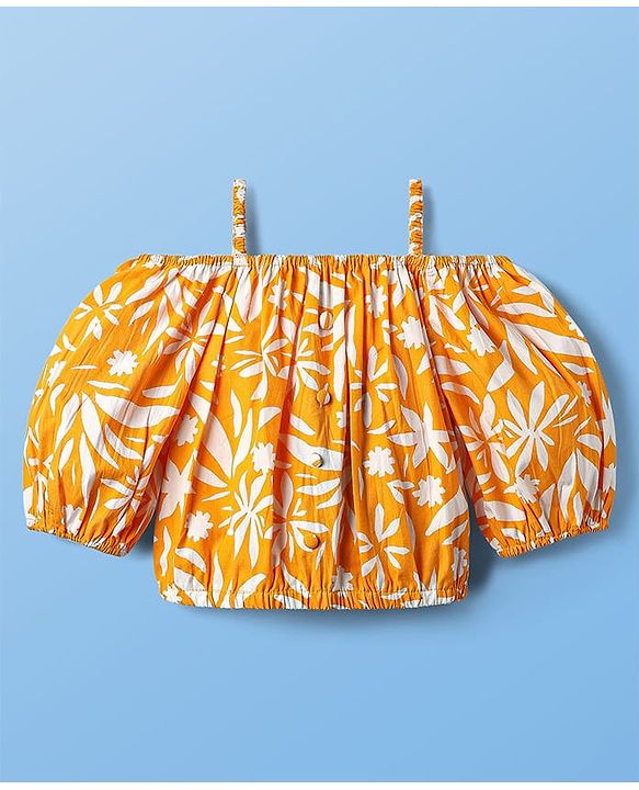 Pine Kids Cotton Woven Half Off Shoulder Sleeves Top & Palazzo Set with Floral Print - White & Orange