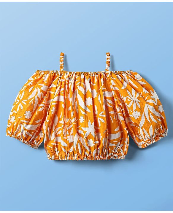 Pine Kids Cotton Woven Half Off Shoulder Sleeves Top & Palazzo Set with Floral Print - White & Orange