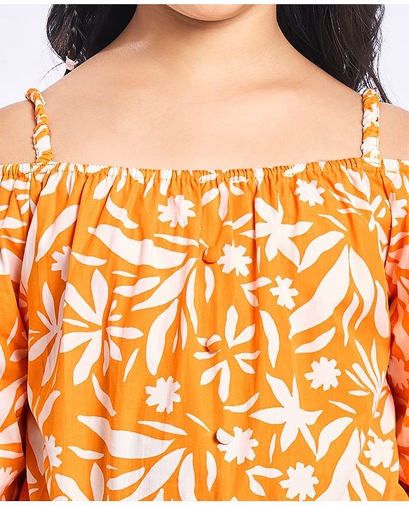 Pine Kids Cotton Woven Half Off Shoulder Sleeves Top & Palazzo Set with Floral Print - White & Orange