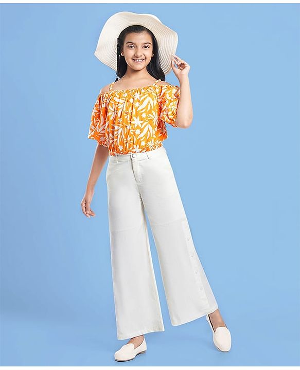 Pine Kids Cotton Woven Half Off Shoulder Sleeves Top & Palazzo Set with Floral Print - White & Orange