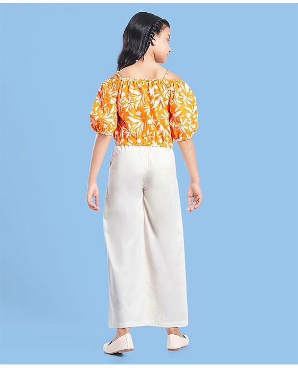 Pine Kids Cotton Woven Half Off Shoulder Sleeves Top & Palazzo Set with Floral Print - White & Orange