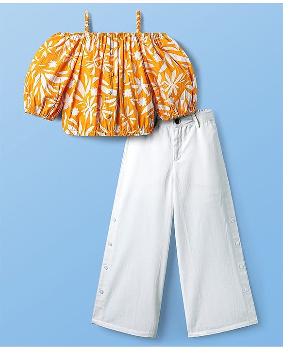 Pine Kids Cotton Woven Half Off Shoulder Sleeves Top & Palazzo Set with Floral Print - White & Orange