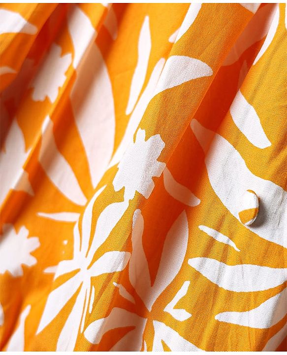 Pine Kids Cotton Woven Half Off Shoulder Sleeves Top & Palazzo Set with Floral Print - White & Orange